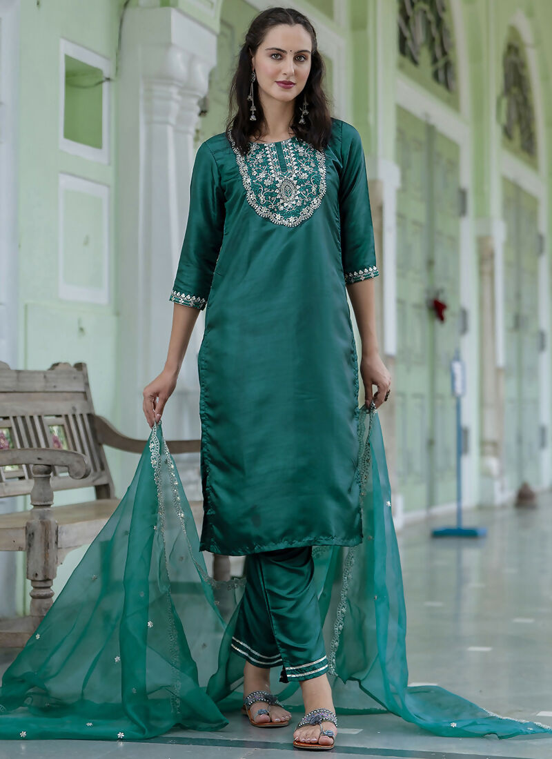 Vellora Green Silk Blend Casual Salwar Suit with Intricate Embroidery