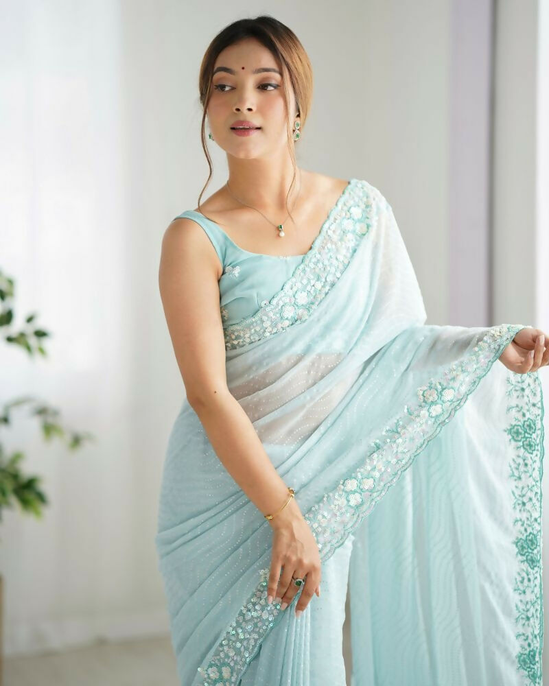 Georgette Designer Sequance Embroidery Work Party Wear Saree - Sky Blue