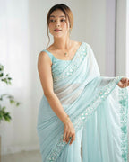 Georgette Designer Sequance Embroidery Work Party Wear Saree - Sky Blue