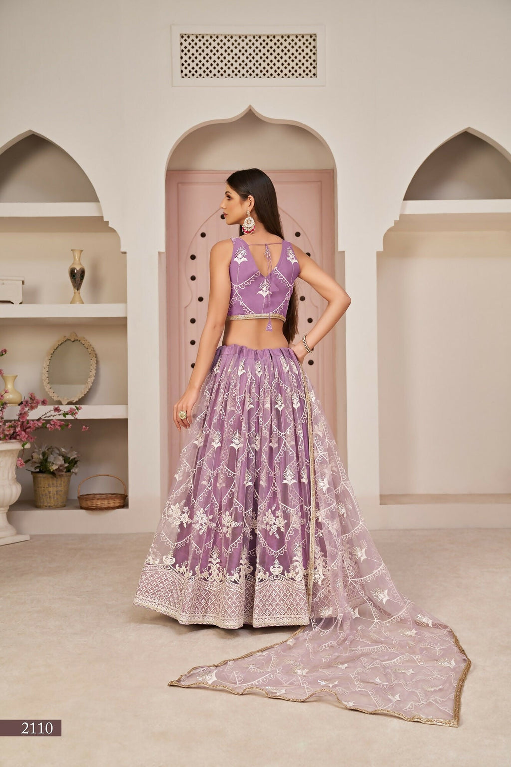 Eilara Women'S Lavender Butterfly Net White Cotton Thread And Zari Sequence Embroidered Work Lehenga Choli For Wedding