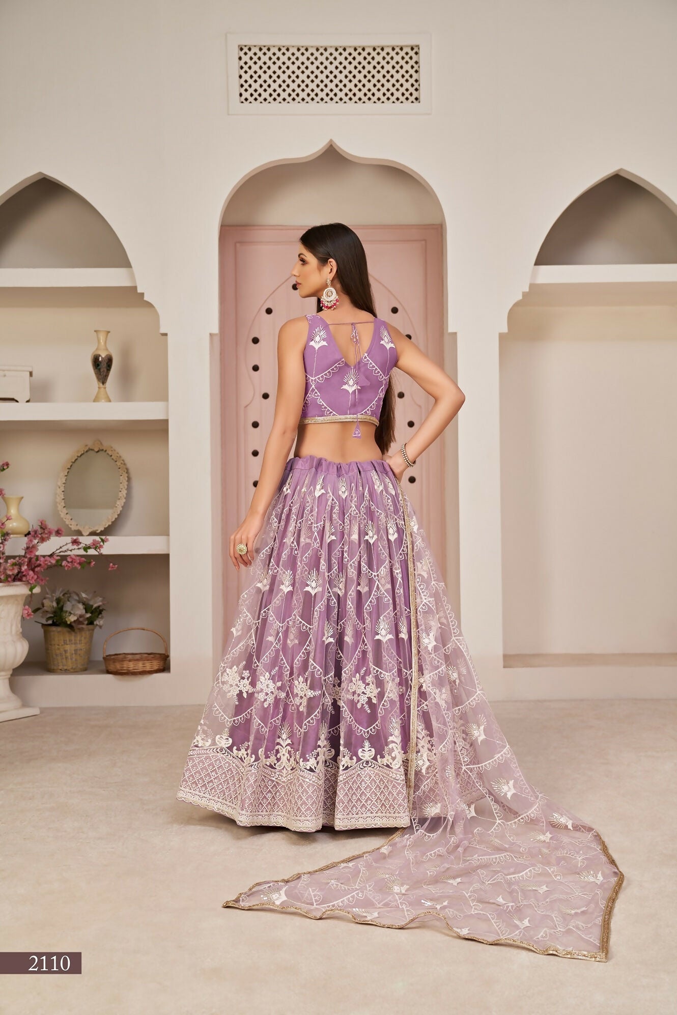 Eilara Women'S Lavender Butterfly Net White Cotton Thread And Zari Sequence Embroidered Work Lehenga Choli For Wedding