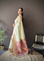 Joban Fashion Beige Jacquard Butti Soft Lichi Silk Paithani Saree - Distacart