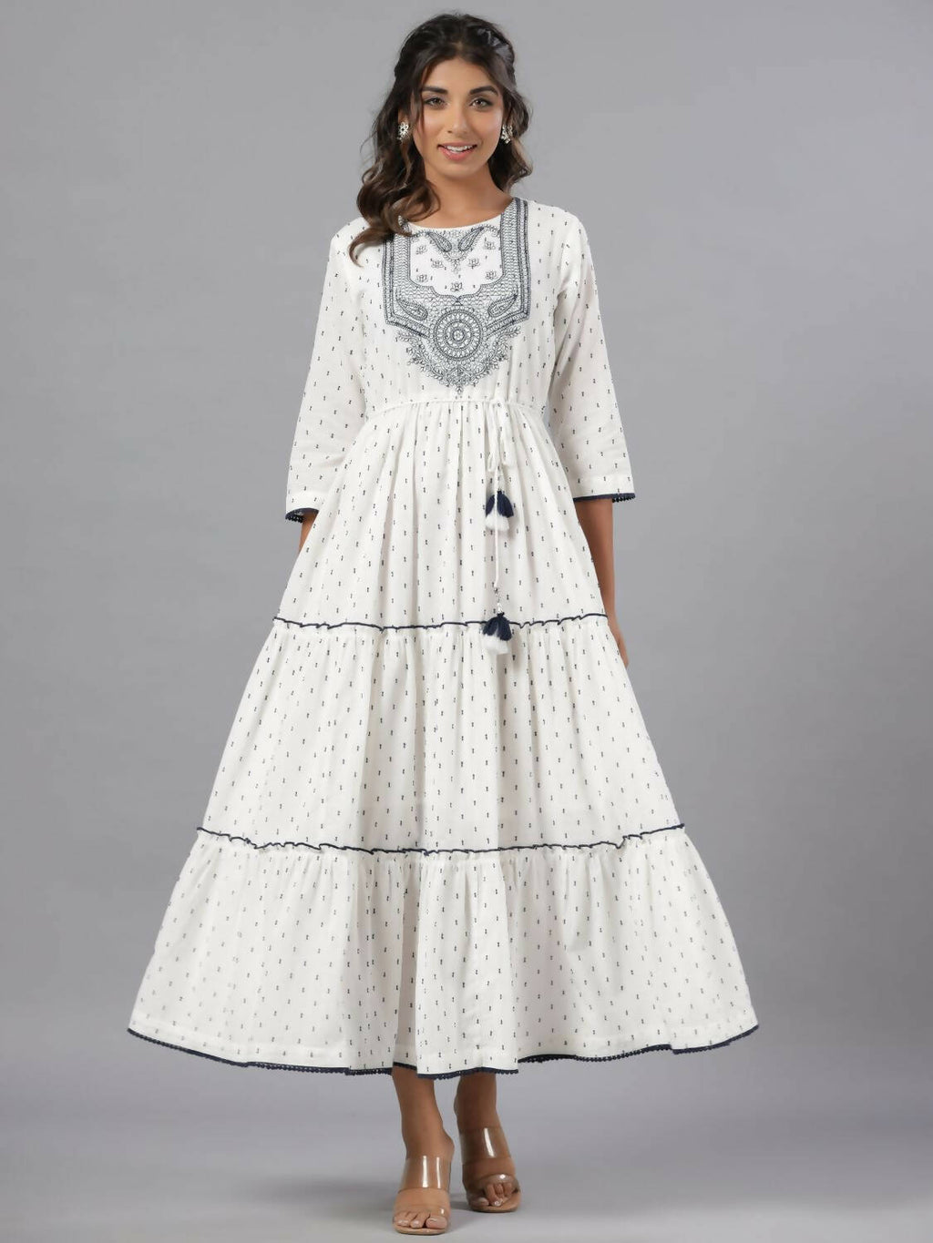 Juniper Women Off-White Cotton Dobby Embroidered Tiered Maxi Dress - Distacart