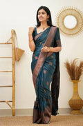 DEIANA'S Beautiful Designer Golden zari Soft Lichi Silk Saree - Teal