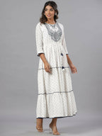 Juniper Women Off-White Cotton Dobby Embroidered Tiered Maxi Dress - Distacart