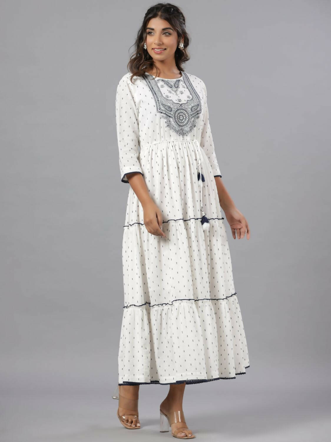 Juniper Women Off-White Cotton Dobby Embroidered Tiered Maxi Dress - Distacart