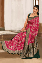 Joban Fashion Hot Pink Crepe Chiffon Pure Handloom Banarasi Silk Saree