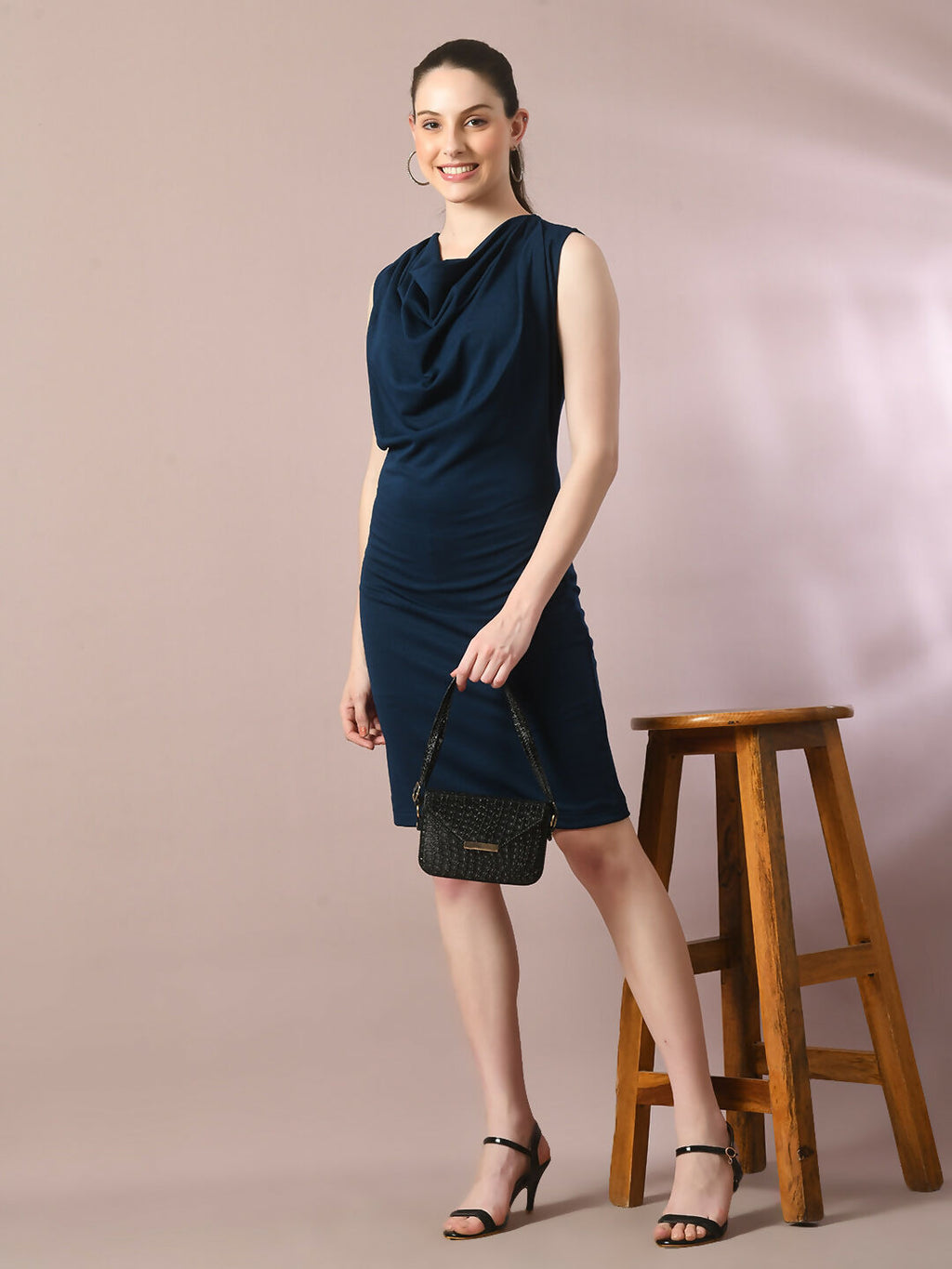 Myshka Women's Navy Blue Solid Cowl Neck Bodycon Party Dress - Distacart