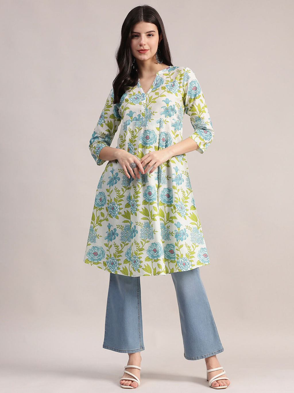 Aavyora Women's Off-White and Blue Cotton A-Line Tunic with Blue and Green Floral Print.