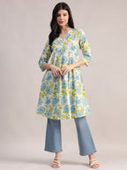 Aavyora Women's Off-White and Blue Cotton A-Line Tunic with Blue and Green Floral Print.