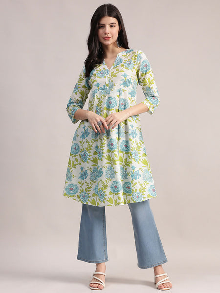Aavyora Women's Off-White and Blue Cotton A-Line Tunic with Blue and Green Floral Print.