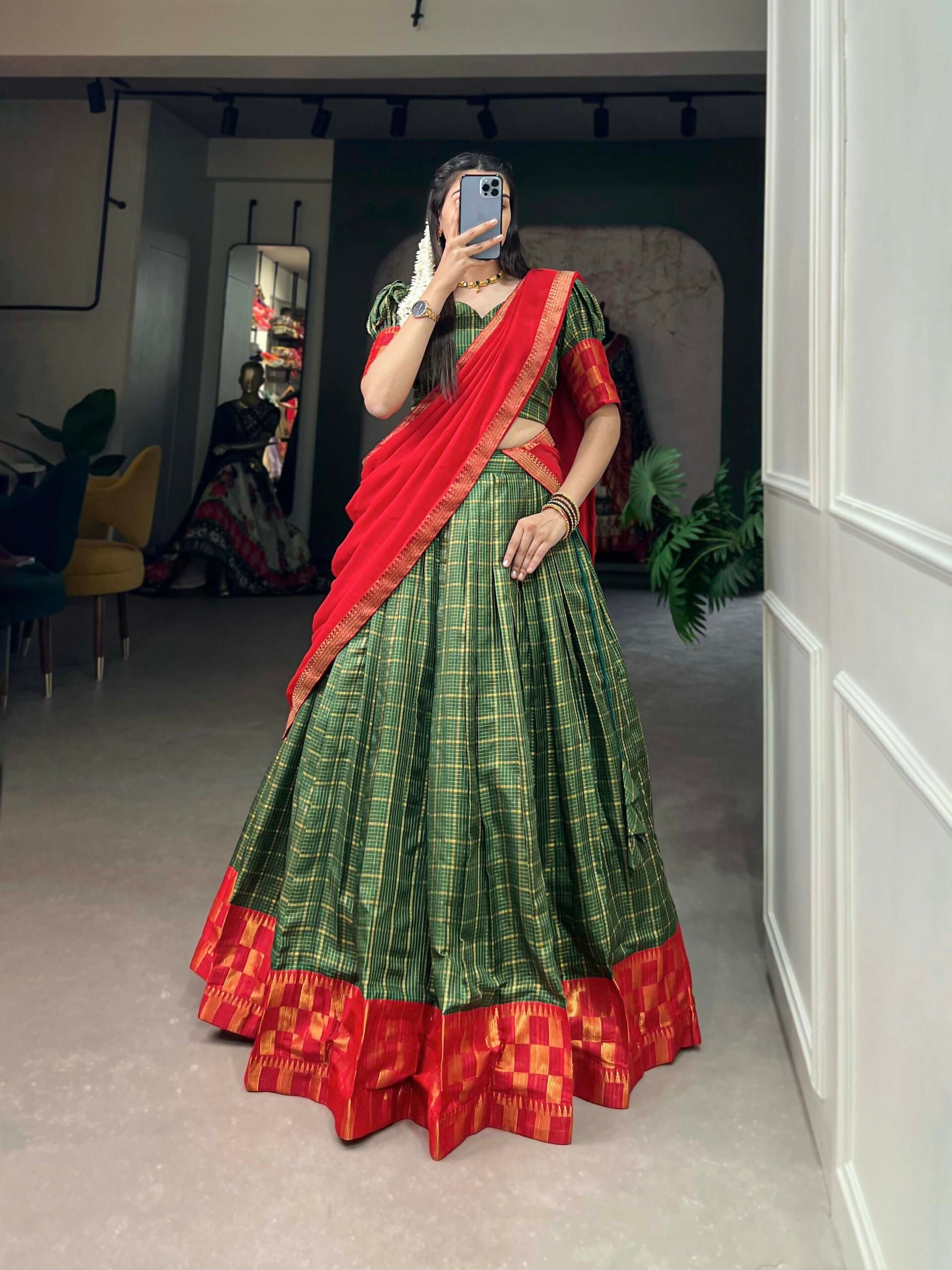 Vastranavya South Indian Style Lehenga Choli - Green