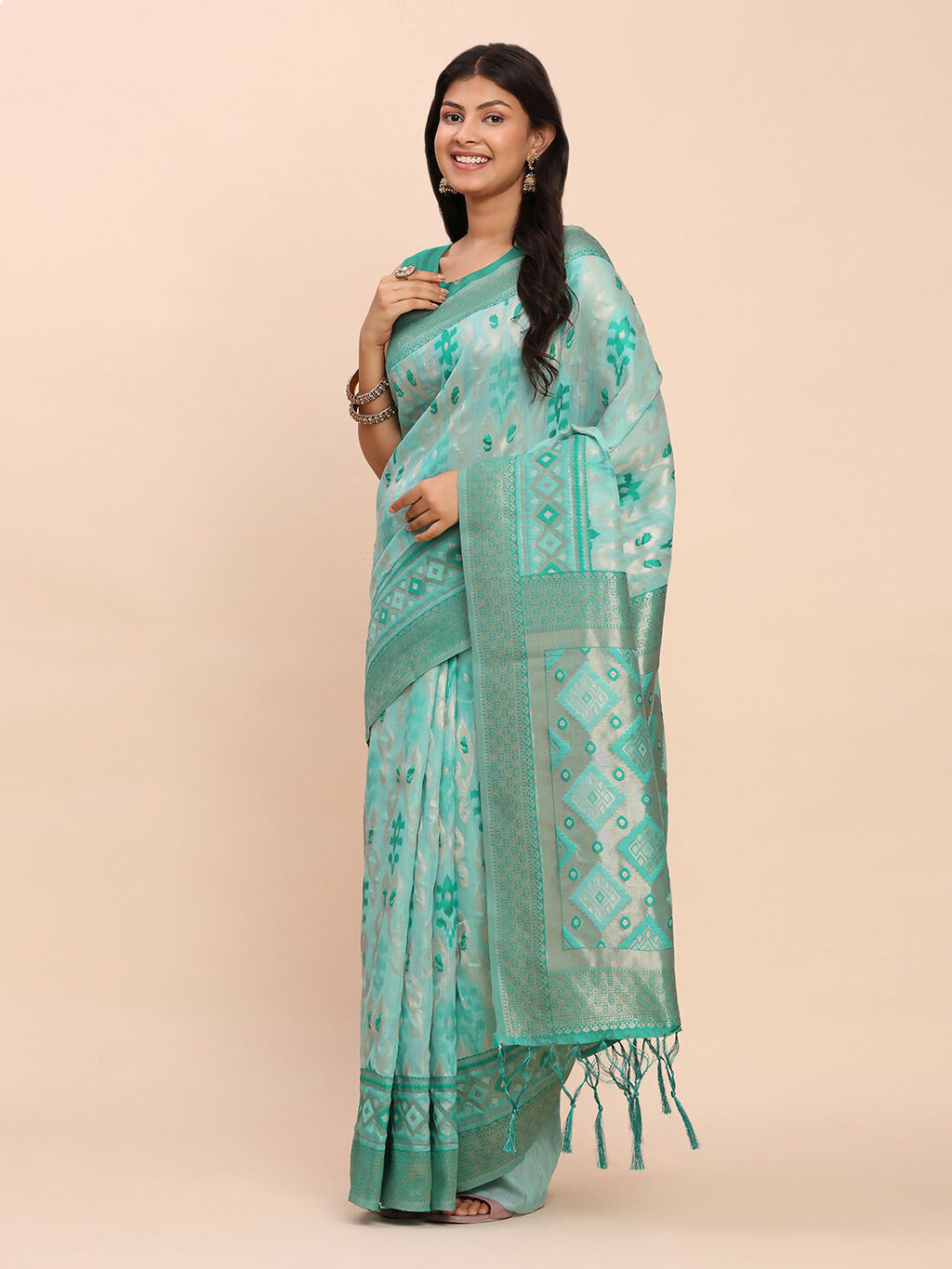 Shree Shyam Fashion Linen Cotton Sea Green Saree - Distacart