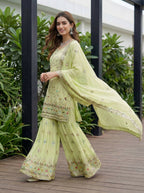 Teeya Creation Pista Faux Georgette Multi Thread Work Wedding Wear Sharara Set - Distacart