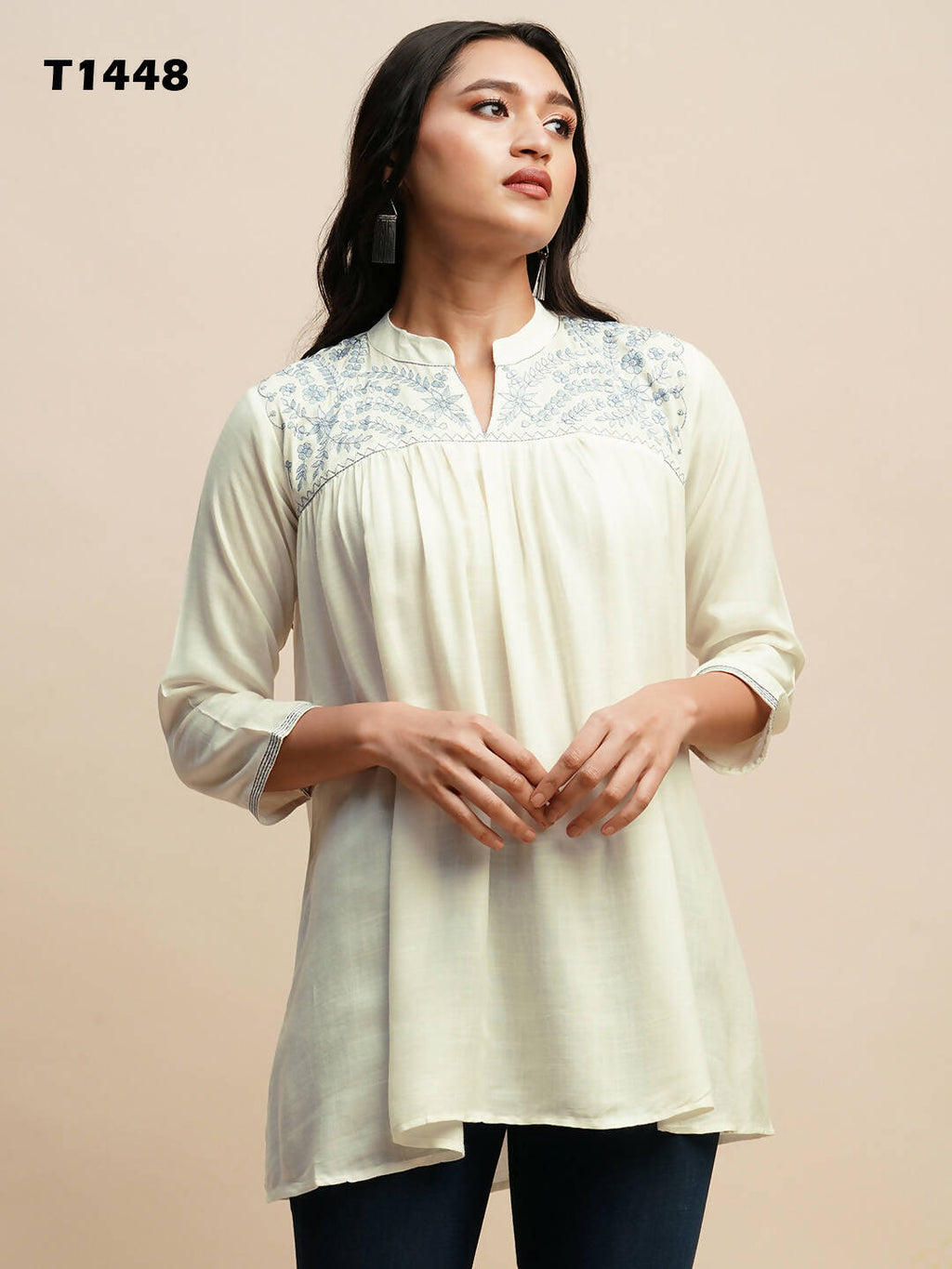 White Rayon Embroidered Top - Tarini