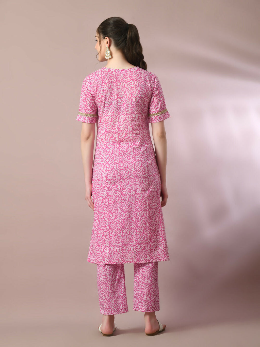 Myshka Women's Pink Printed Cotton Straight Party Kurta Set