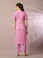 Myshka Women's Pink Printed Cotton Straight Party Kurta Set