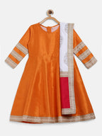 Ahalyaa Orange Poly Silk Anarkali Kids Kurta With Dupatta Set For Girls