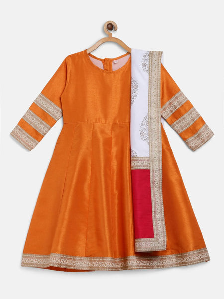 Ahalyaa Orange Poly Silk Anarkali Kids Kurta With Dupatta Set For Girls