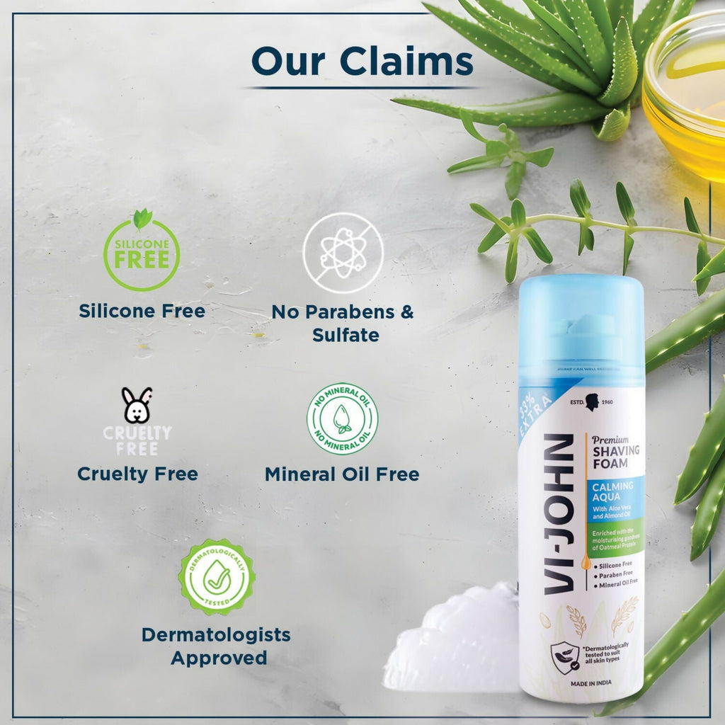 VI-JOHN Dermatologically Tested Premium Claming Aqua Shaving Foam Enriched with Aloevera & Almond Oil Free From Silicone, Paraben & Mineral Oil - Distacart