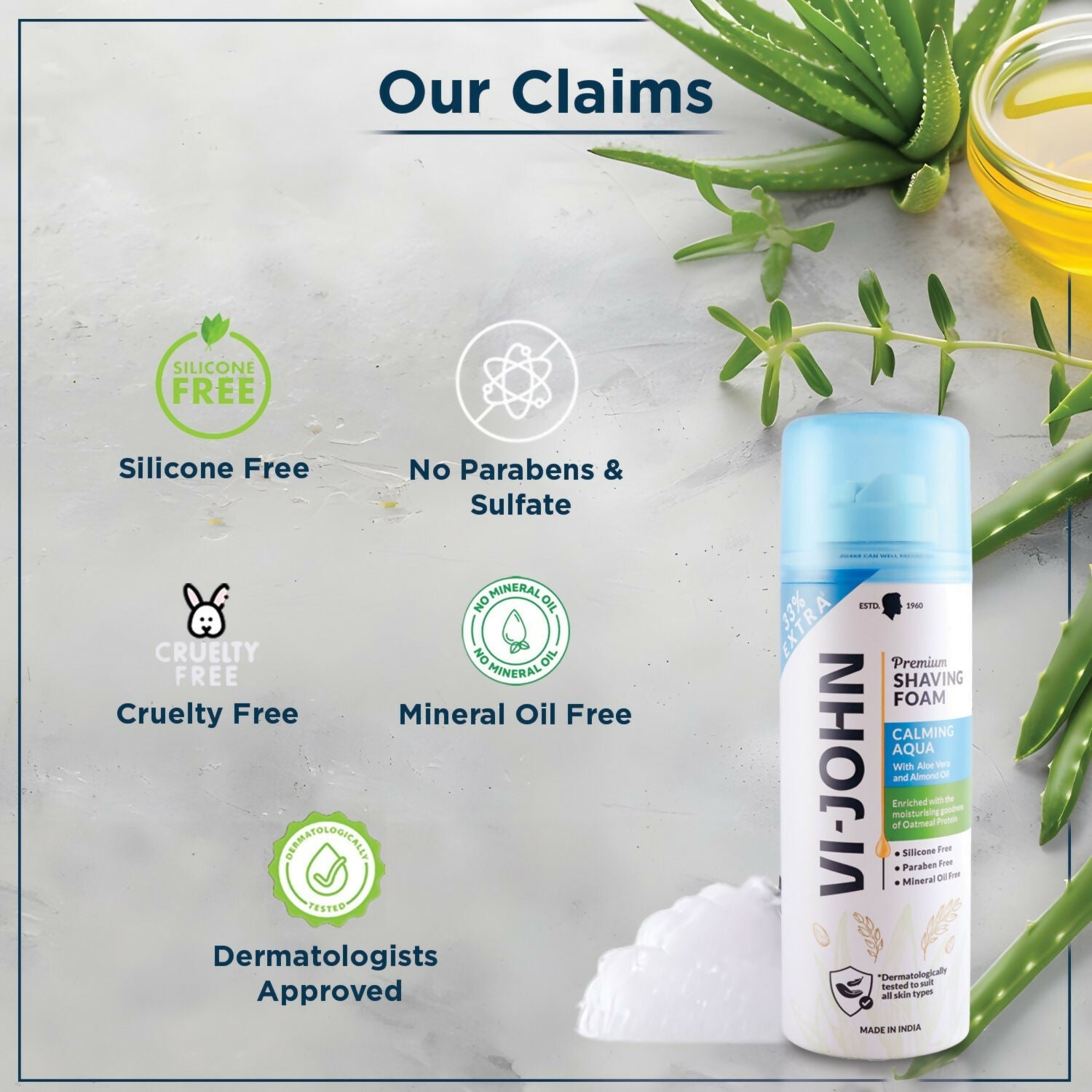 VI-JOHN Dermatologically Tested Premium Claming Aqua Shaving Foam Enriched with Aloevera & Almond Oil Free From Silicone, Paraben & Mineral Oil - Distacart