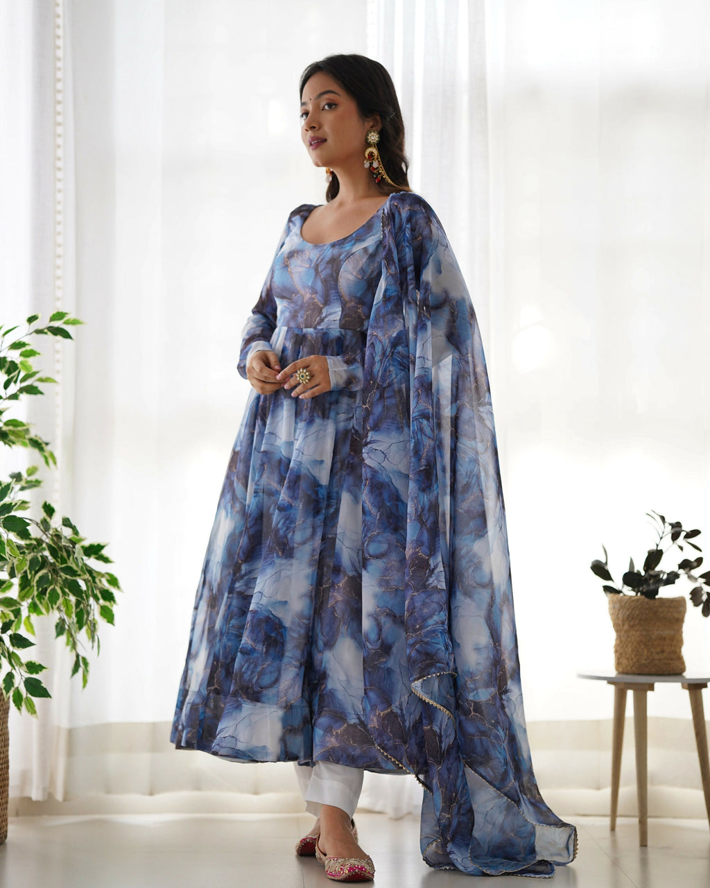 Joban Fashion Navy Blue Kurta Set Organza Sequin Embroidery Work - Distacart