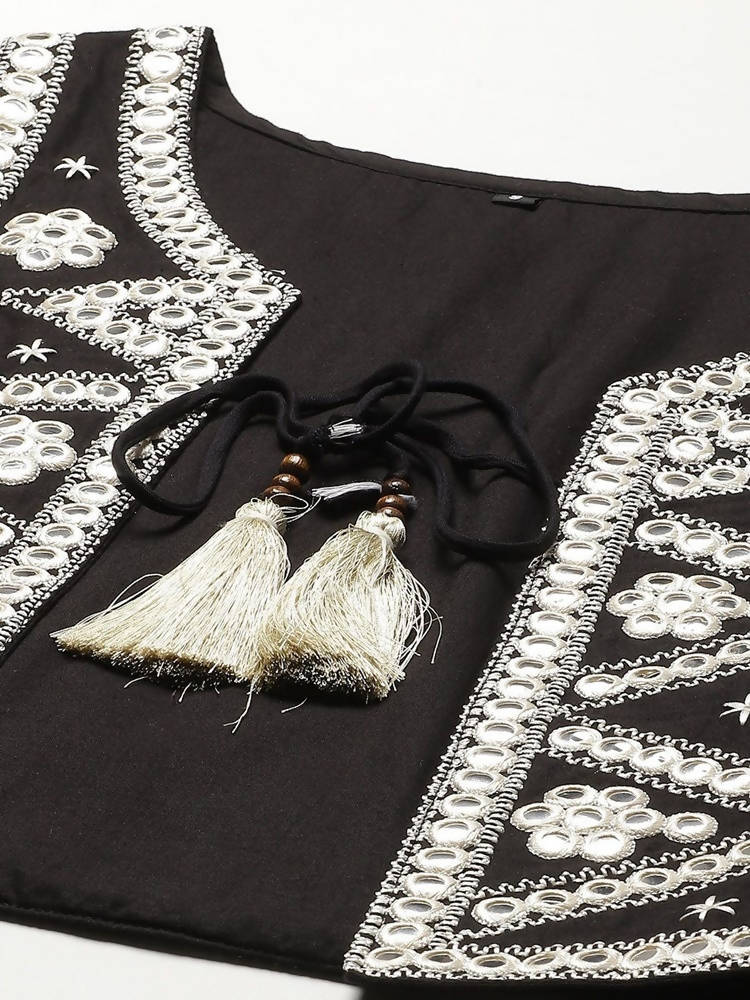 Yufta Women A-Line Black Dress With White Embroidered Jacket