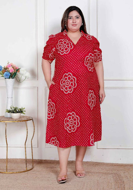 Miravan Plus Size Womens Red Bandhani Printed Collar Neck Maxi Dress