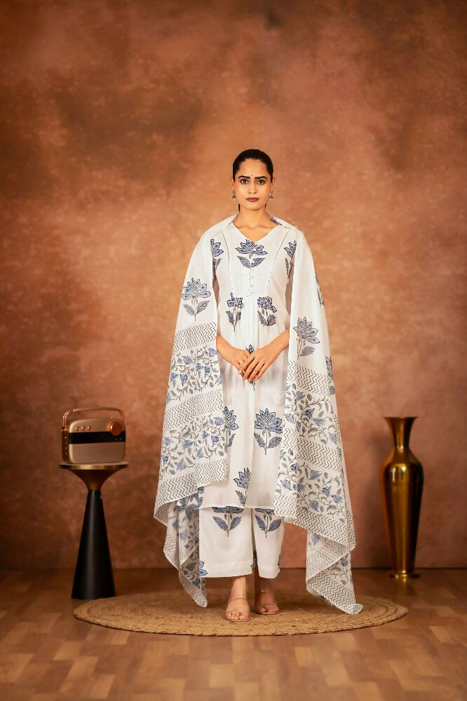 Joban Fashion Off White Blue Hand Block Printed Cotton Suit Set - Distacart
