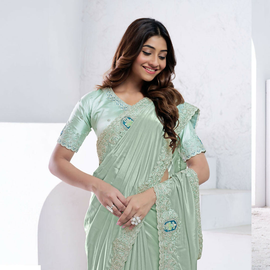 Sea Green Pure Crepe Silk Dual Sequence With Applic Work Saree With Unstitched Blouse - Norita Swaraa
