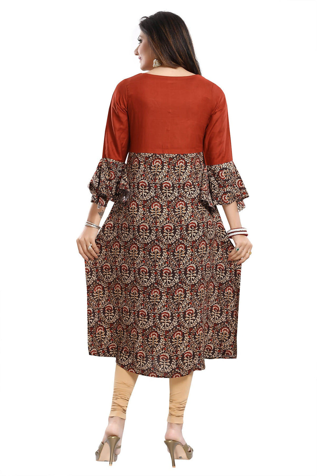 Snehal Creations Rust Rayon Printed Flared Long Tunic - Distacart