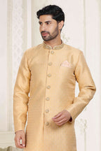 Raivat Ethnic Banarasi Jacquard Embroidery Semi Indo Western Sherwani In Beige Colour