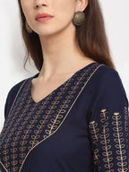 Rudra Bazaar Gold Printed A-line flared Blue kurti - Distacart