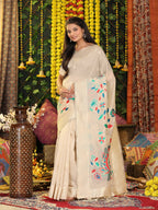 Shree Shyam Fashion Linen Cotton Cream Saree - Distacart