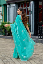 Vastranavya Turquoise Embroidery Work Shimmer Chiffon Saree with Unstitched Blouse - Distacart