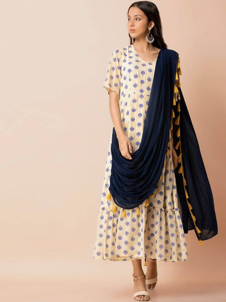 Indya Women White & Navy Blue Printed Maxi Dress With Attached Dupatta