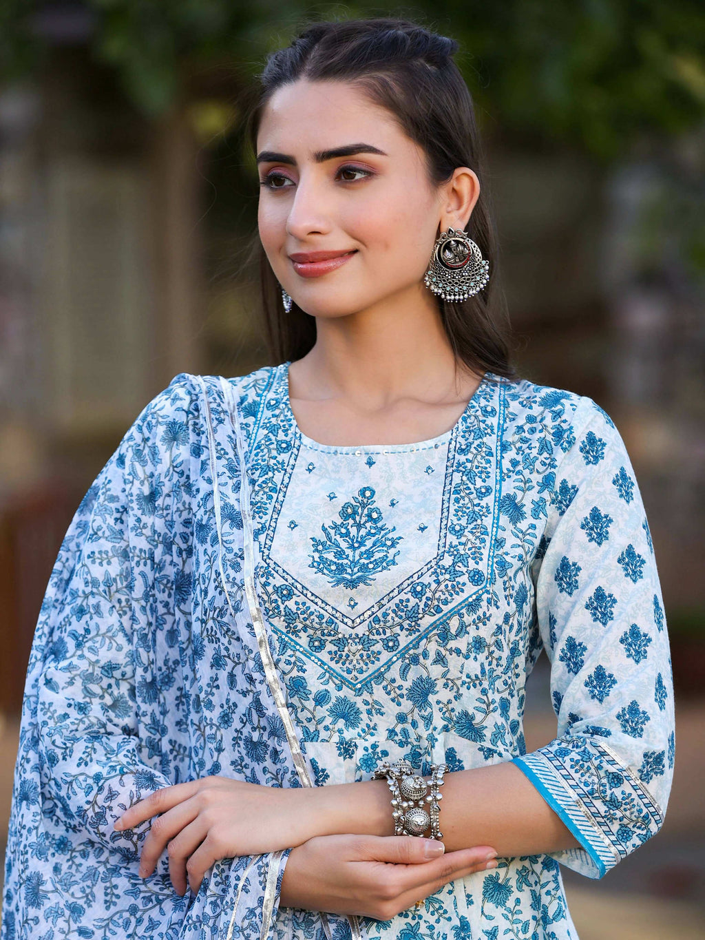 Juniper Women's Blue Cotton Cambric Floral Placement Printed Anarkali Kurta Sharara & Dupatta Set - Distacart