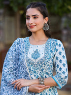 Juniper Women's Blue Cotton Cambric Floral Placement Printed Anarkali Kurta Sharara & Dupatta Set - Distacart