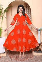 Miravan Womens Orange V-Neck Printed Anarkali Style Kurta - Distacart