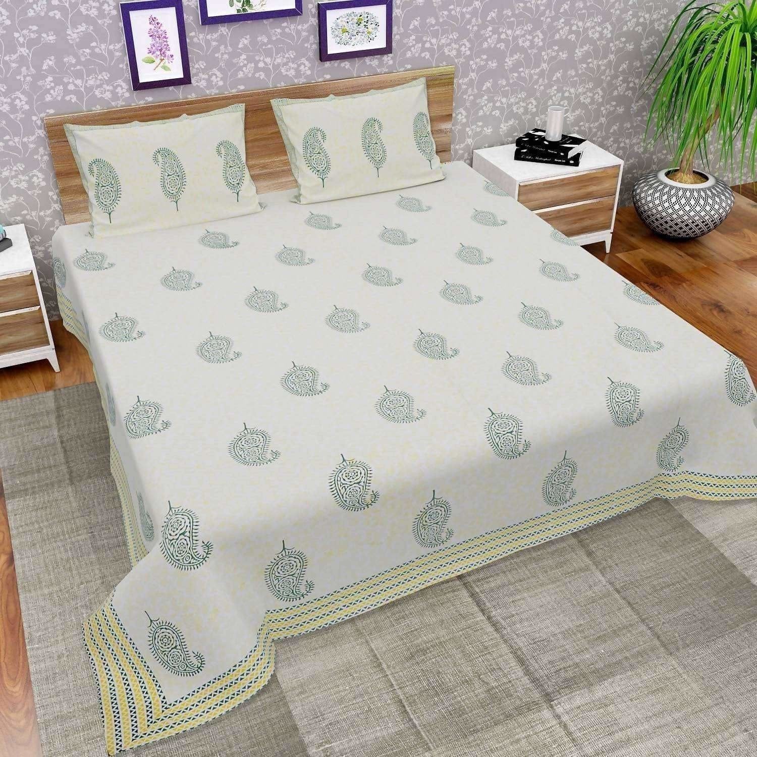 Hand Block Printed Double/Queen 230x270 Cms Bedsheet with 2 Pillow Covers