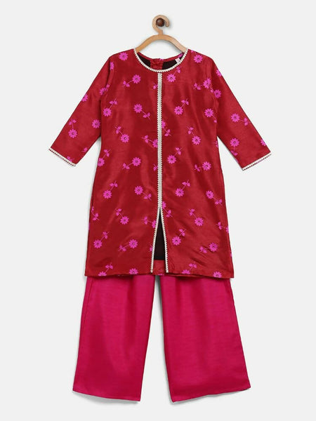 Ahalyaa Red Poly Silk Straight Printed Kids Kurta Palazzo Set For Girls