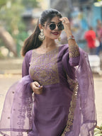Vellora Light Lavender Silk Blend Embroidered Salwar Suit Set