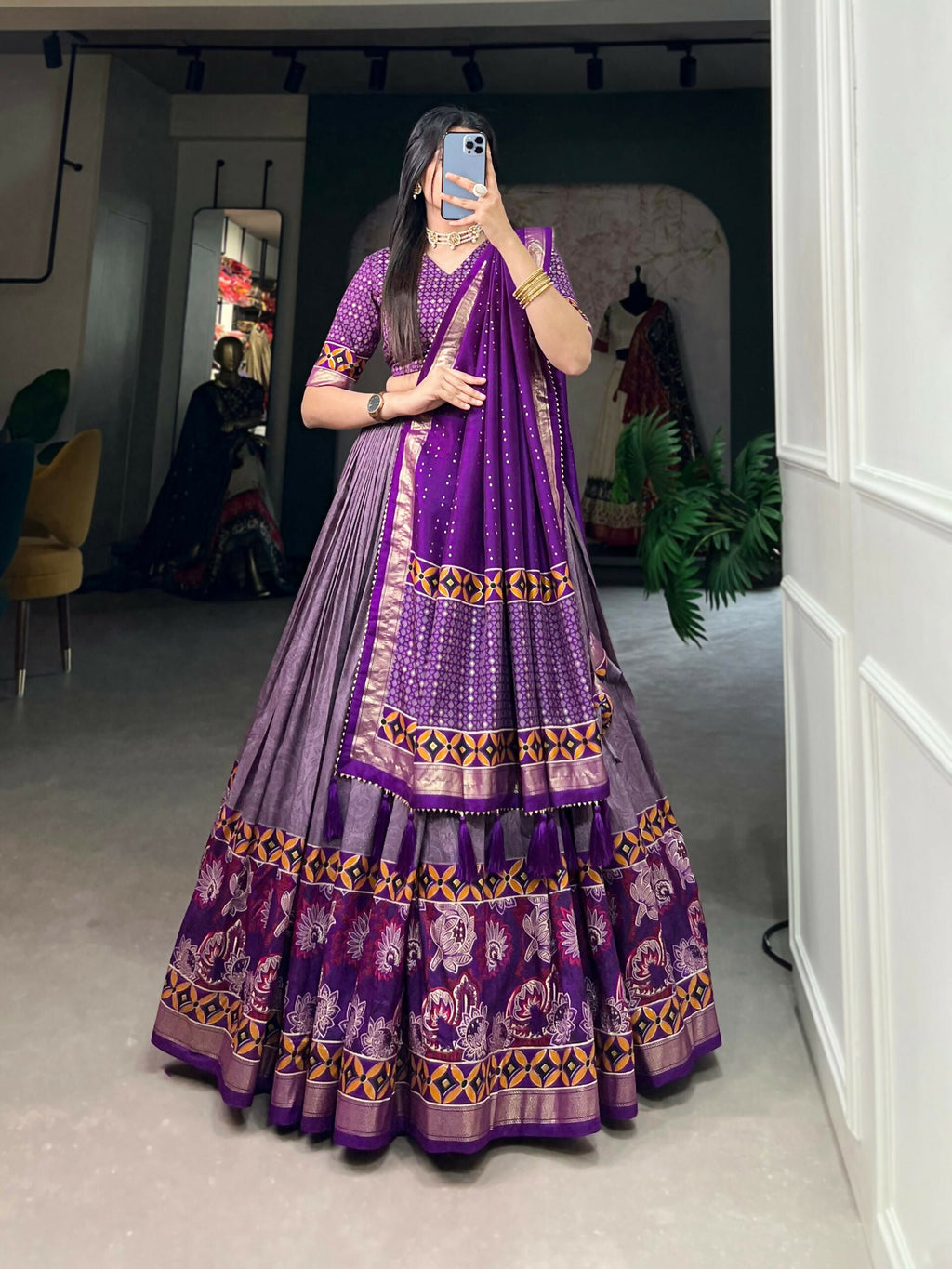 Vastranavya Floral Print With Foil Print Tussar Silk Lehenga with Unstitched Blouse - Purple