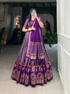 Vastranavya Floral Print With Foil Print Tussar Silk Lehenga with Unstitched Blouse - Purple