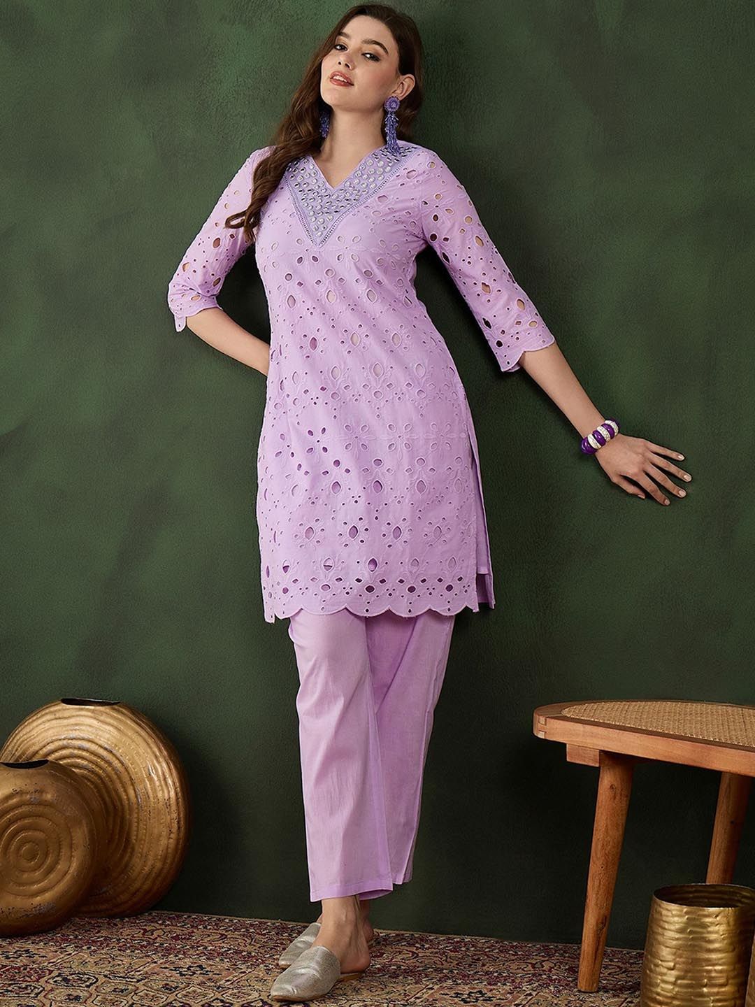 Sangria Embroidered Pure Cotton Kurta & Trousers