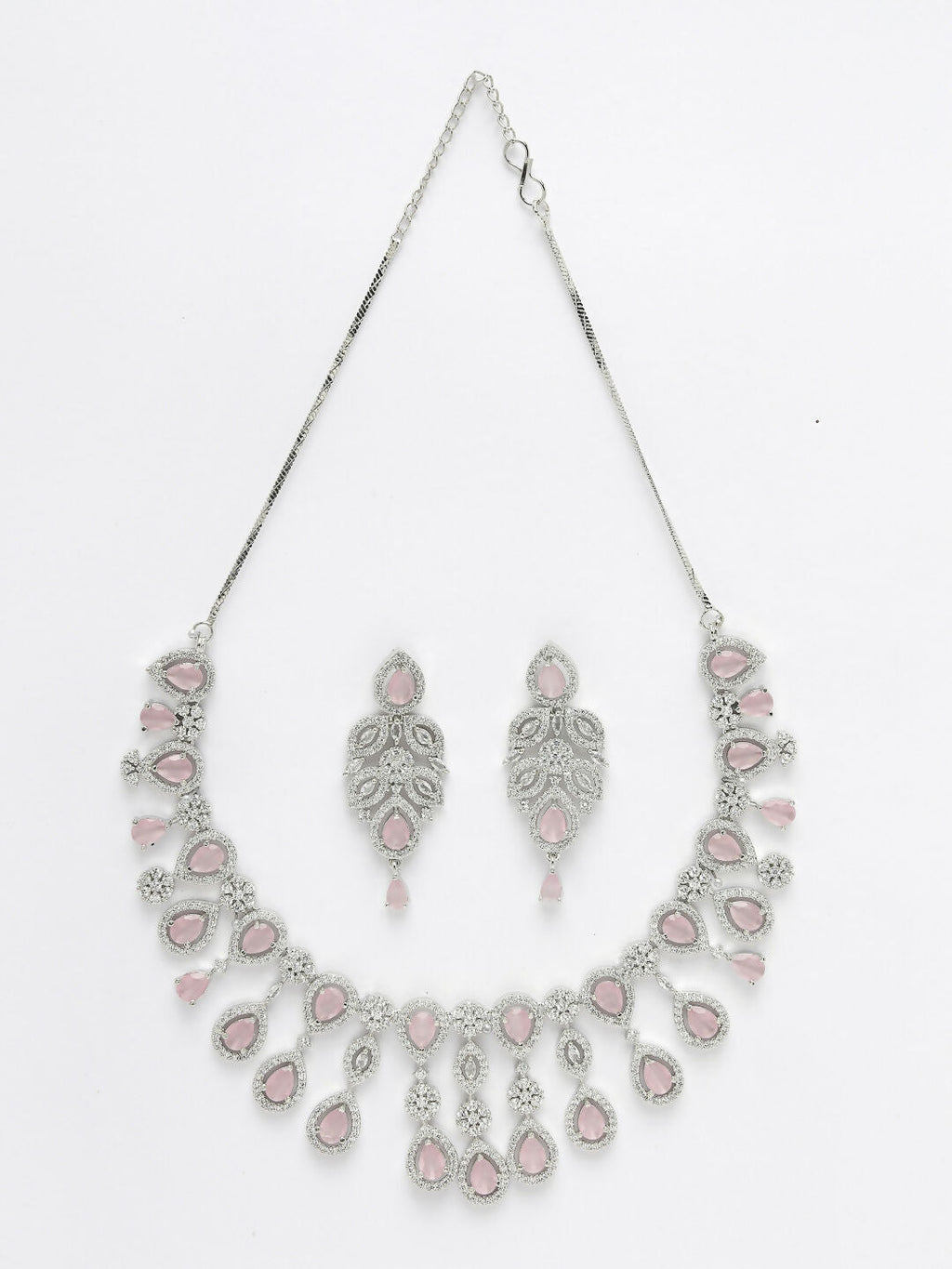 NVR Women's silver plated & Pink CZ stone handcrafted jewellery set