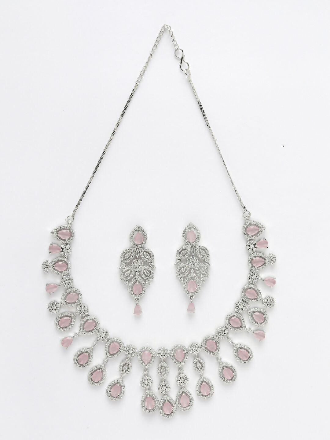 NVR Women's silver plated & Pink CZ stone handcrafted jewellery set