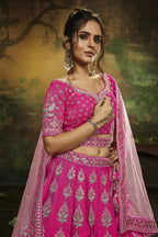 House of Panchhi Pink Pure Silk Moti & Zarkan heavy embroidery Lehenga choli & Dupatta