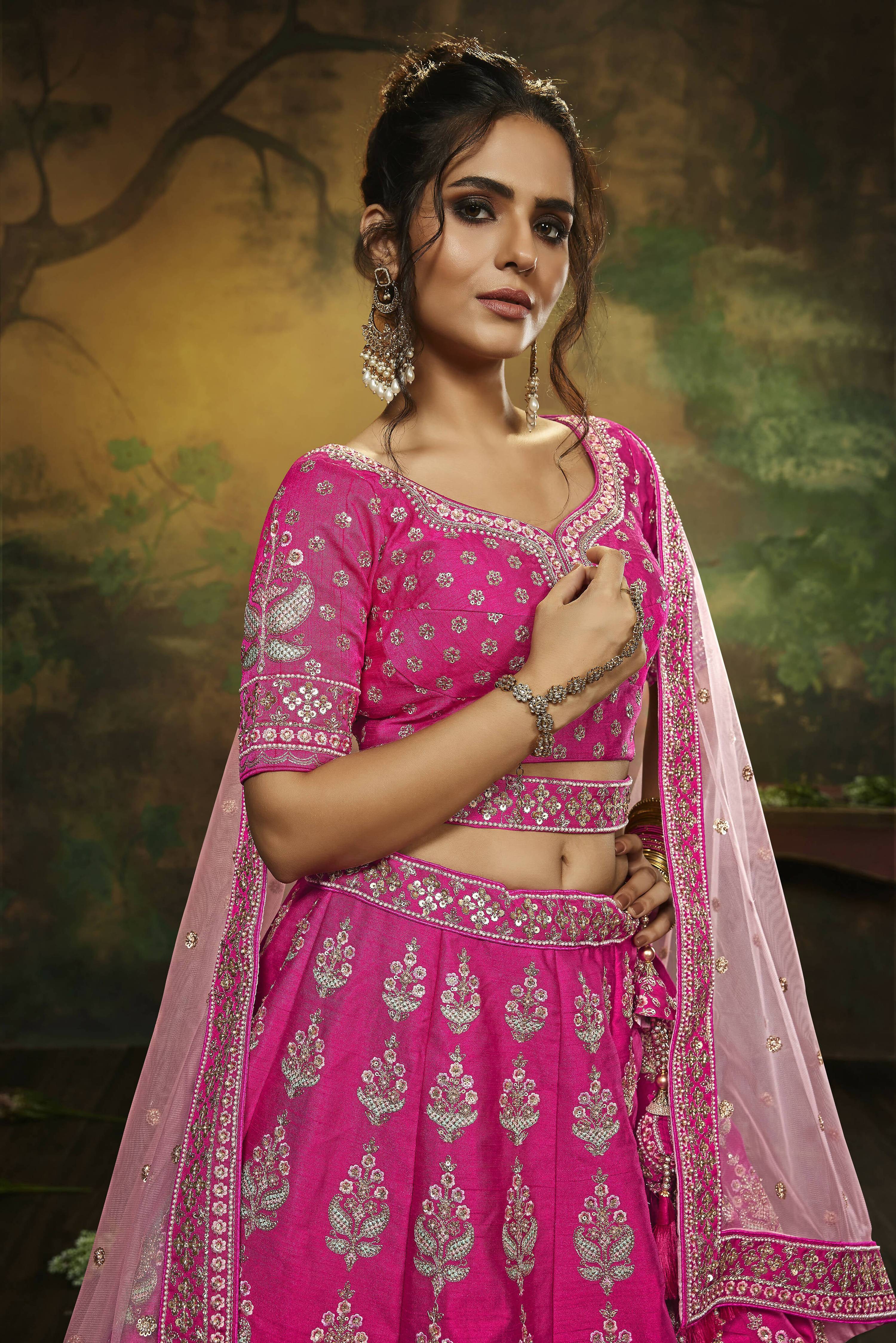 House of Panchhi Pink Pure Silk Moti & Zarkan heavy embroidery Lehenga choli & Dupatta