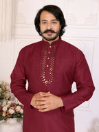 Anaita Maroon Silk Straight Kurta With Neck Mirror Work